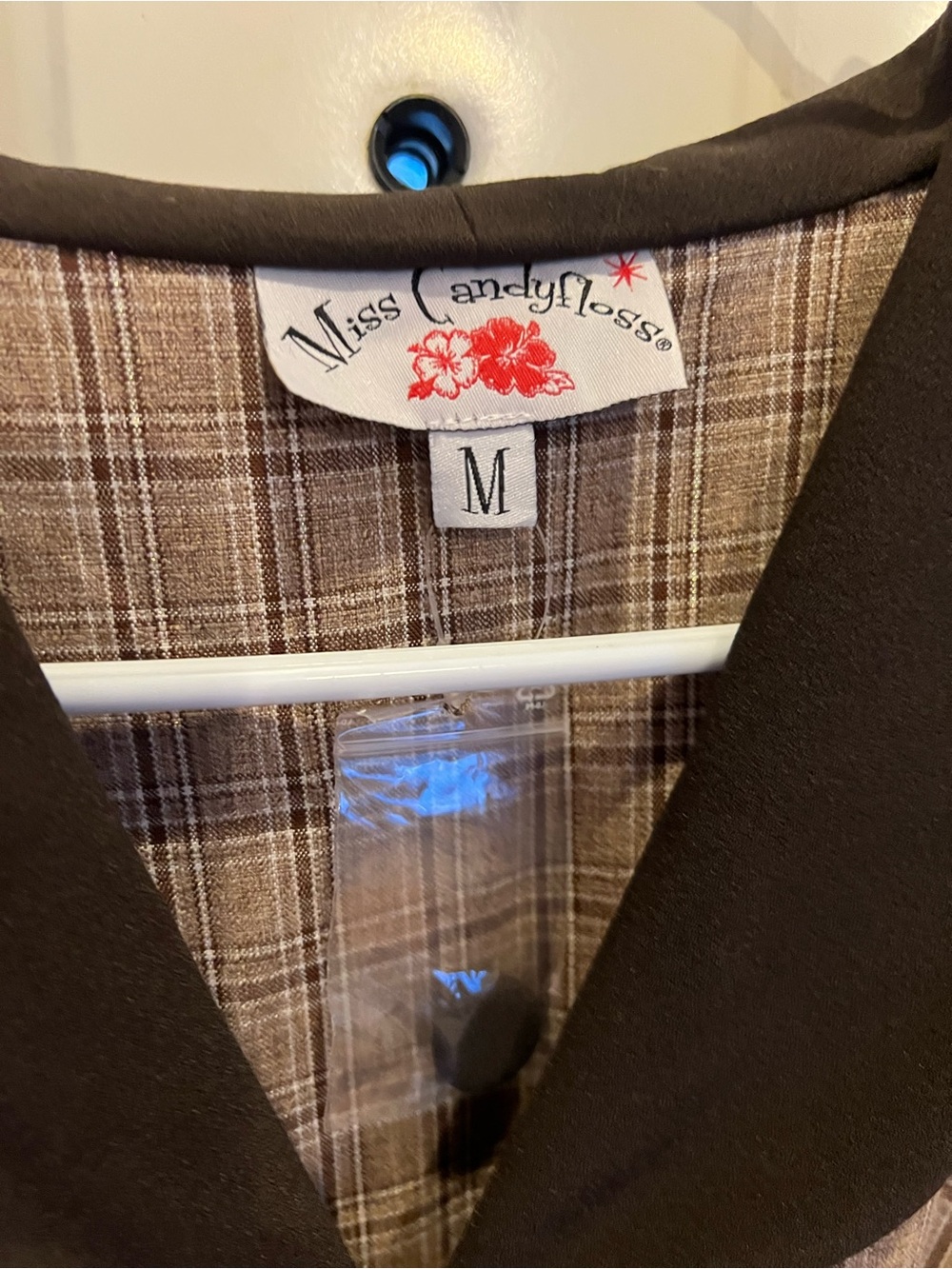 Miss Candyfloss Brown plaid dress with solid trim and skirt